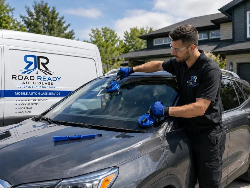 RoadReady mobile auto glass service vehicle at a windshield replacement appointment in San Jose