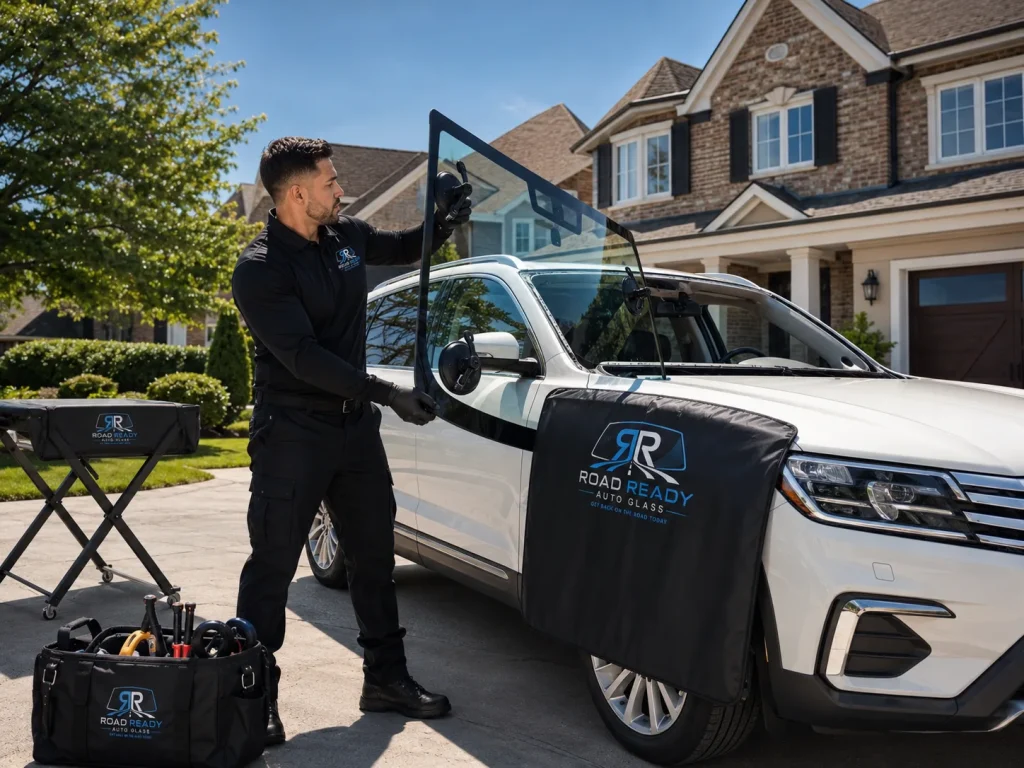 RoadReady technician carrying a replacement vent glass pane to a vehicle