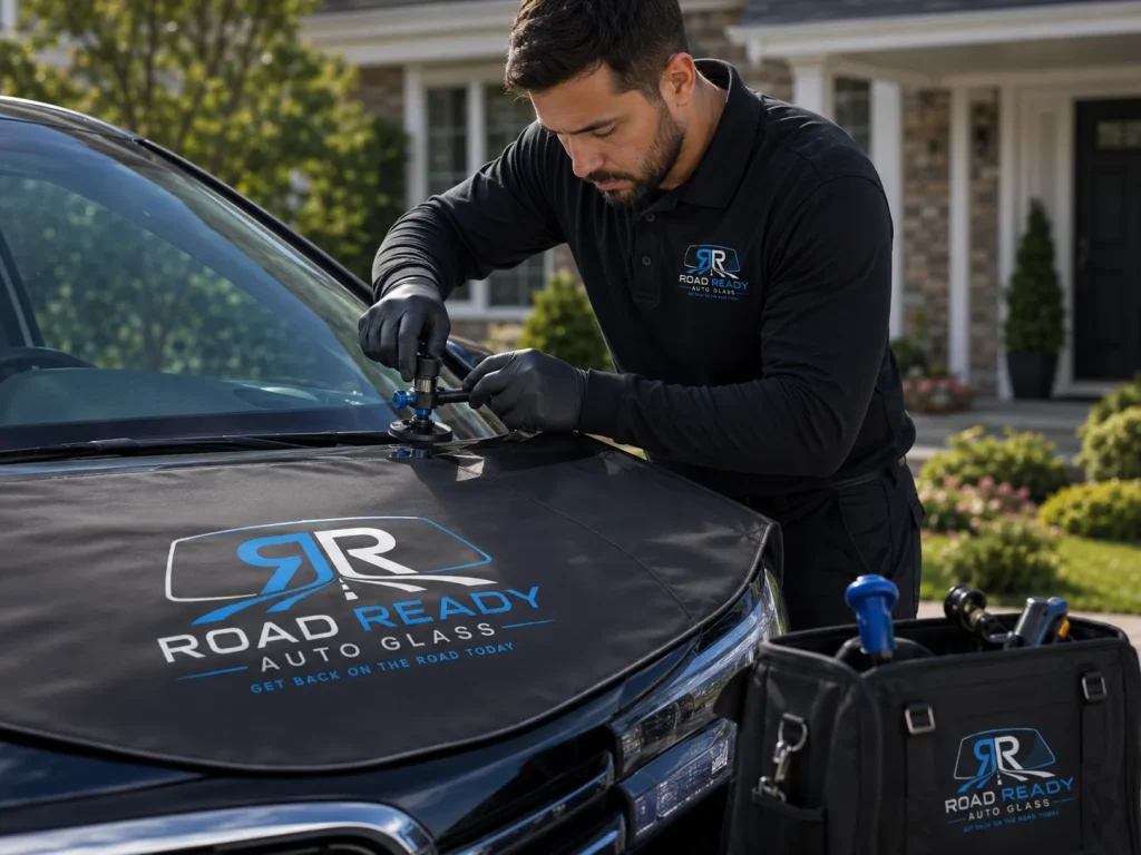 RoadReady technician assessing windshield damage for mobile rock chip repair