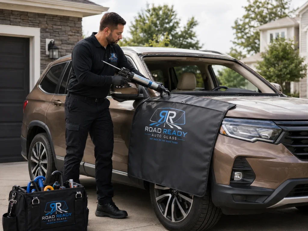 RoadReady technician verifying vehicle glass specification before installation