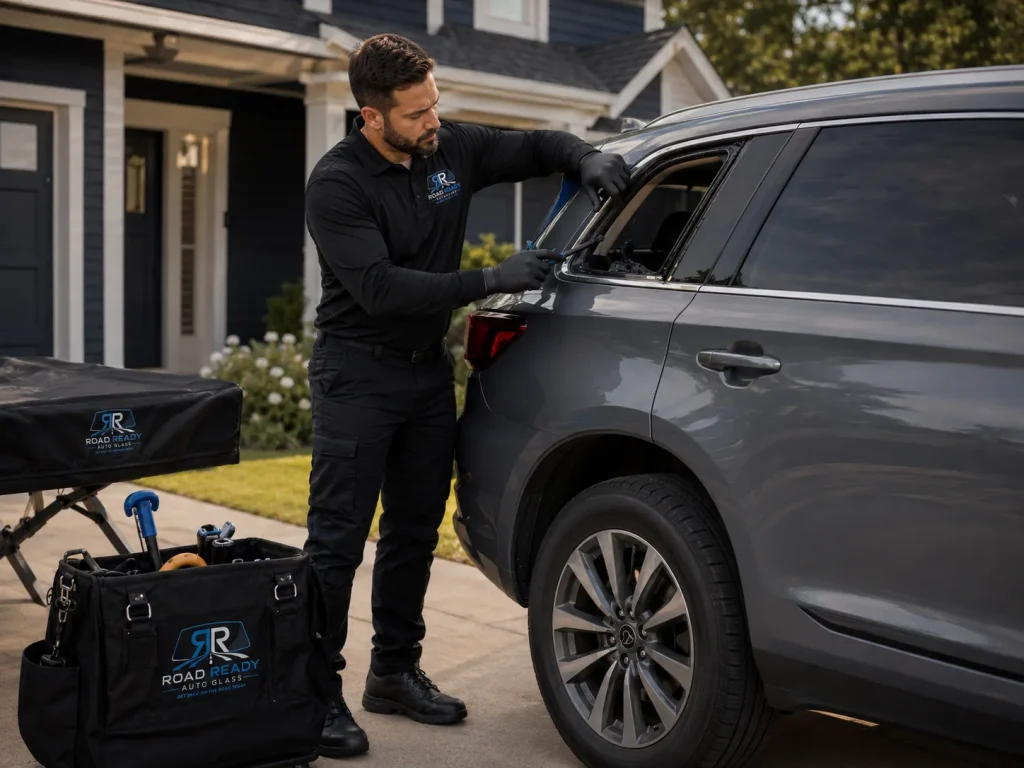 RoadReady technician setting replacement quarter glass into the rear body of an SUV