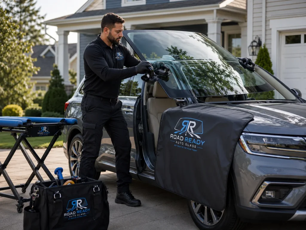 RoadReady technician preparing a windshield for professional mobile installation