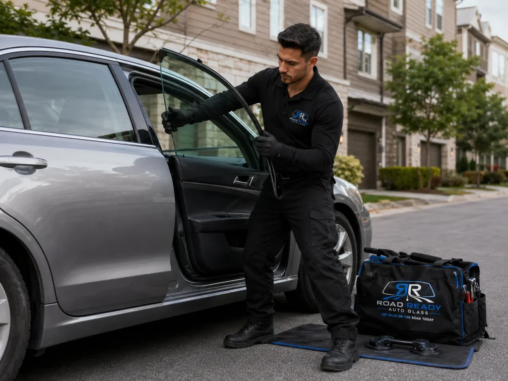 RoadReady technician fitting replacement door glass into the regulator on an SUV