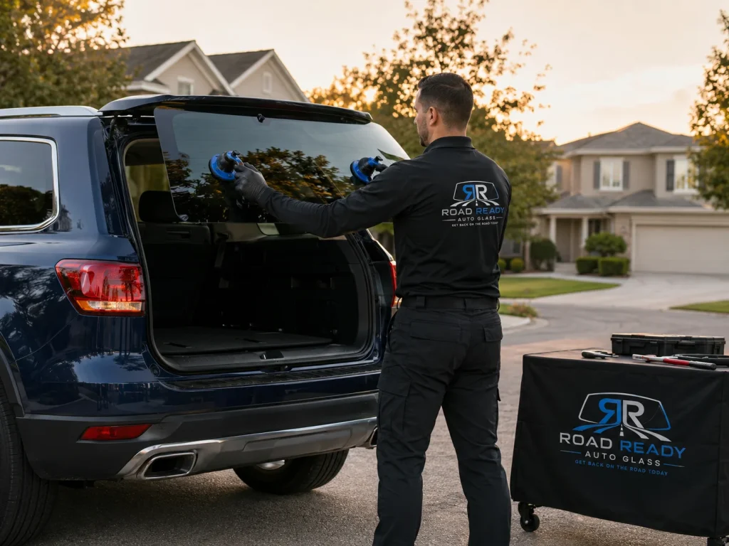 RoadReady technician reconnecting the defroster grid on a replacement rear windshield