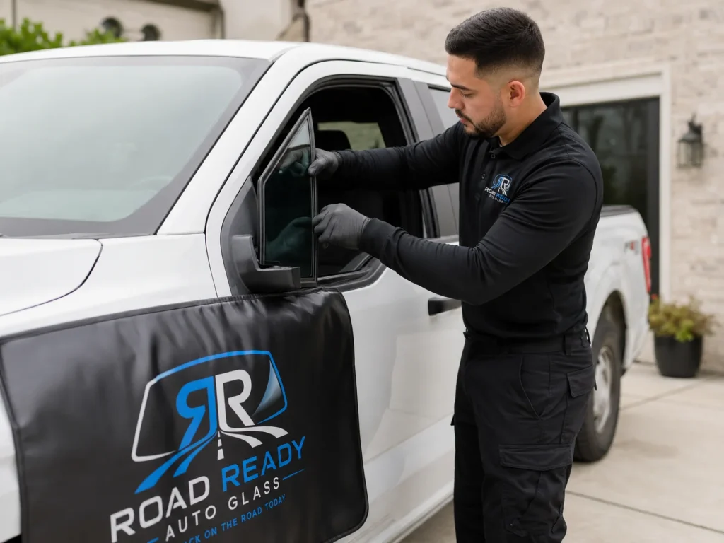 RoadReady technician replacing door glass on a truck at a mobile service appointment