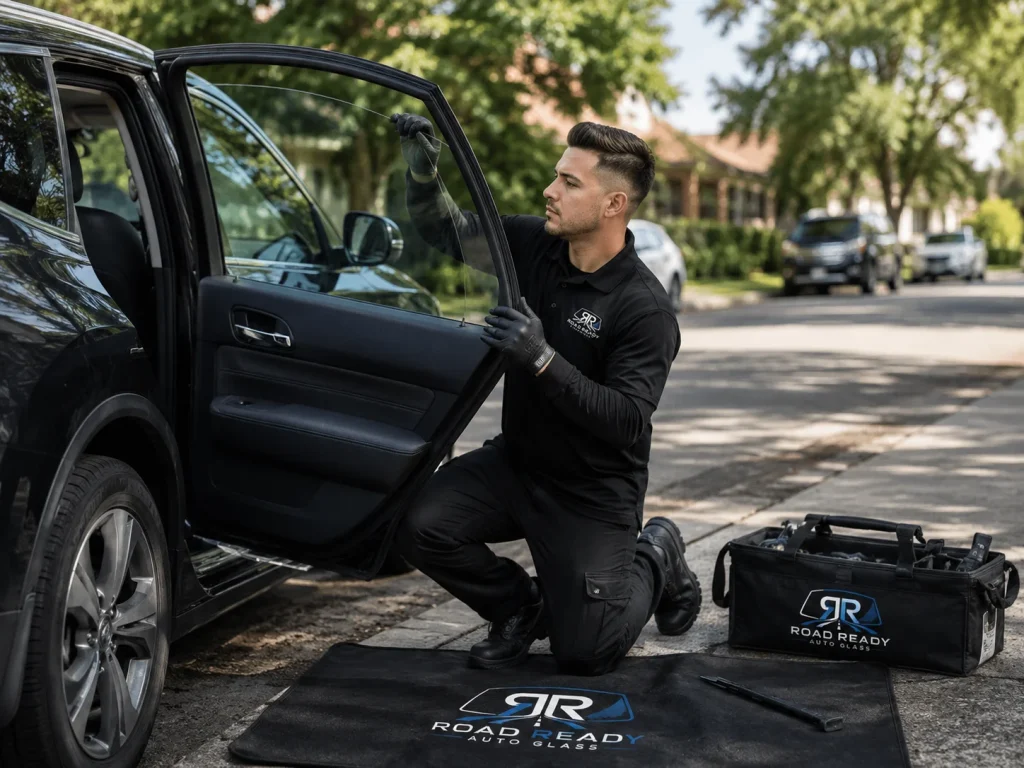 RoadReady technician replacing a rear door vent pane following forced entry