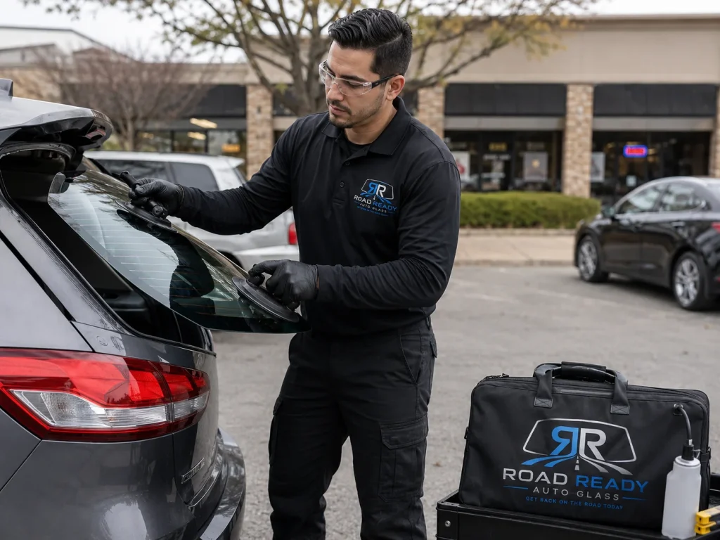 RoadReady technician removing tempered glass fragments from a vehicle cargo area